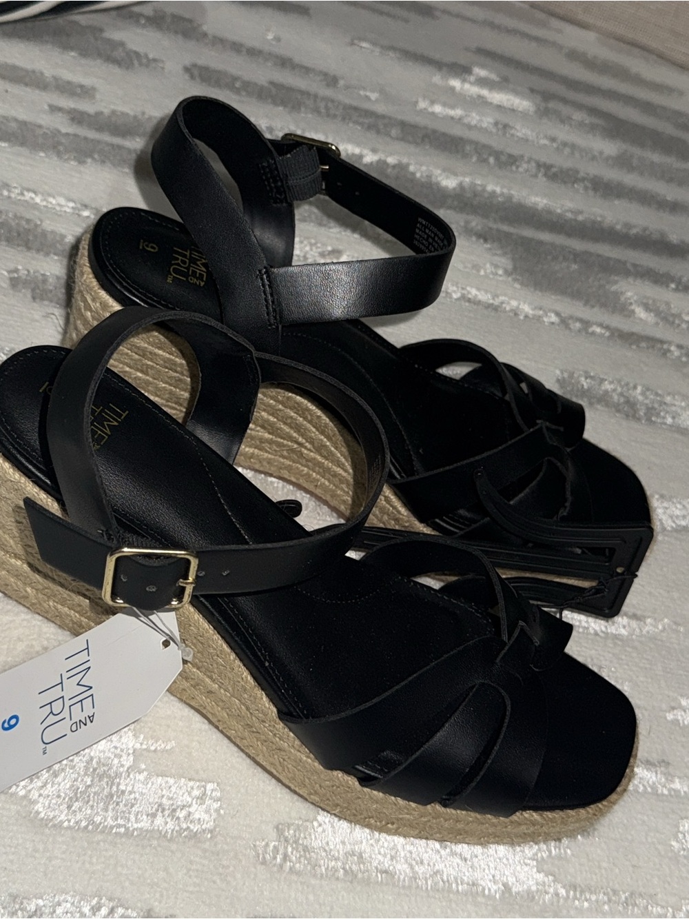 Time and Tru Black Faux-Leather Espadrille Wedge Sandals